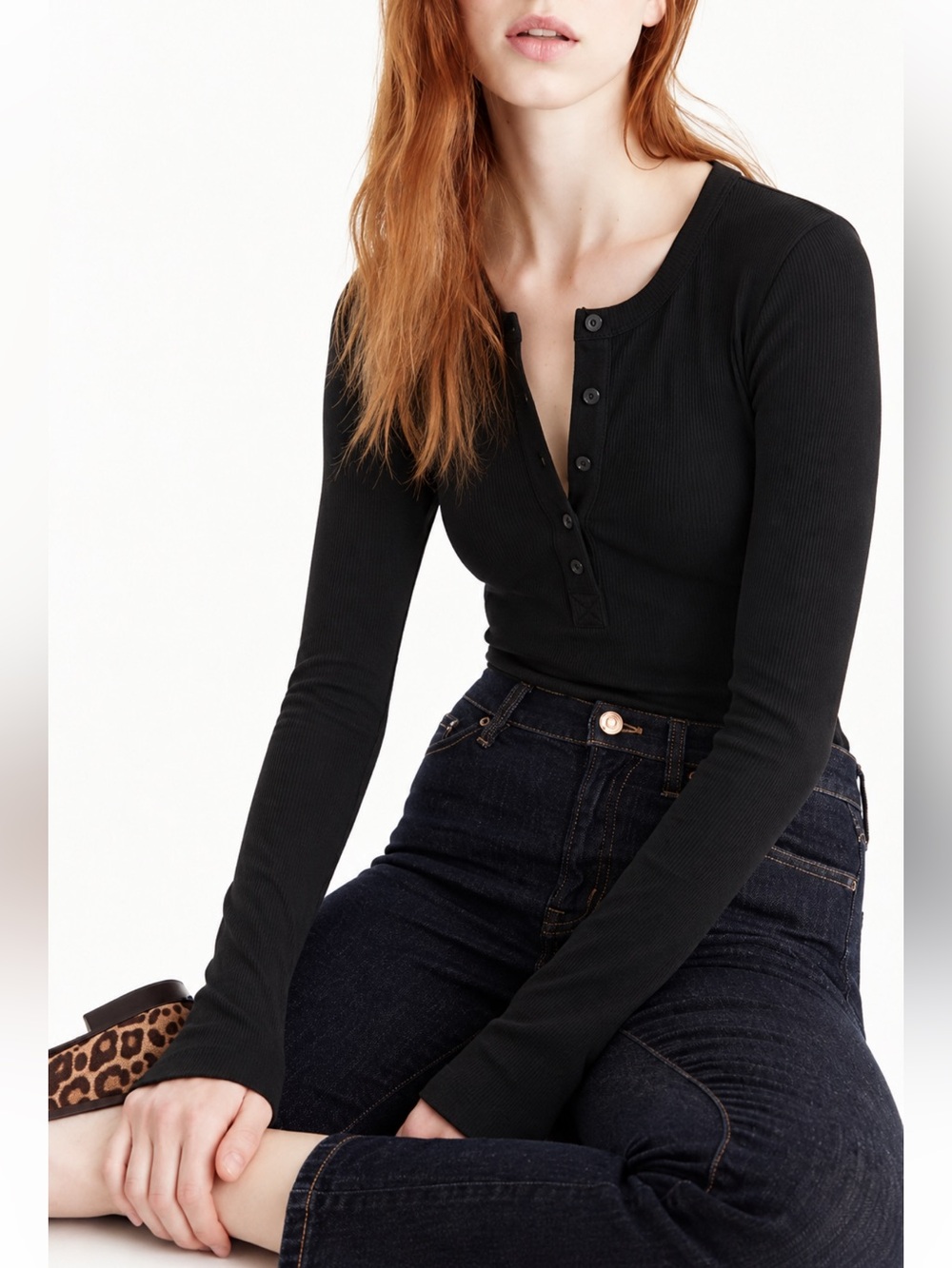 J.Crew Black Ribbed Henley Bodysuit Size Large NWT
